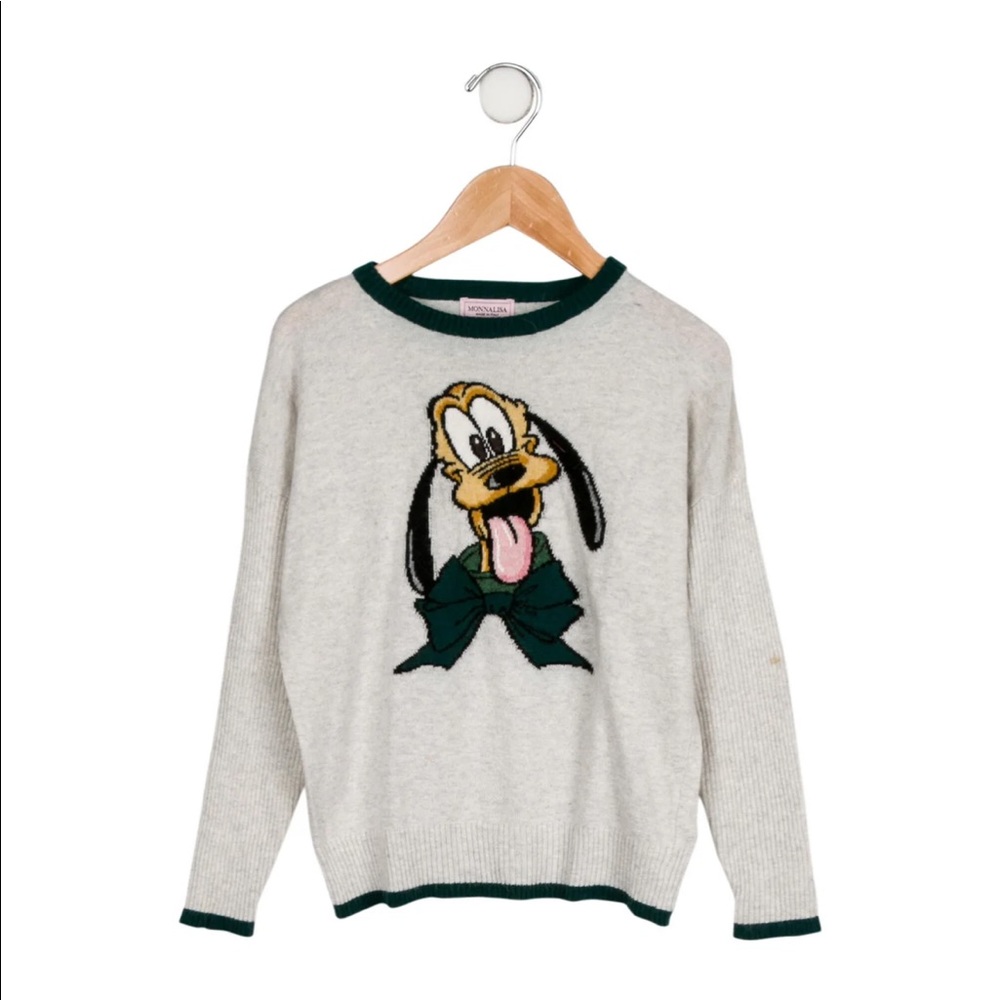MonnaLisa Cream Sweater with Green Trim and Cartoon Pluto Motif